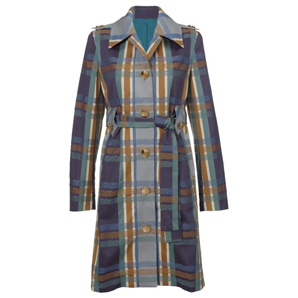 CAbi Blue and Brown Plaid Trench Coat